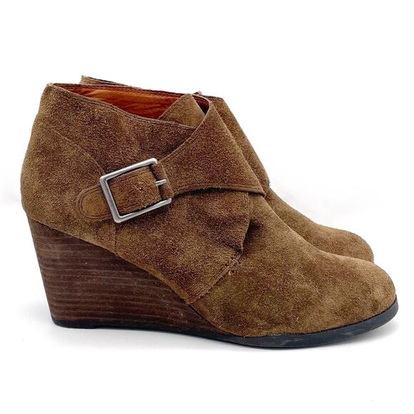 Lucky Brand Sumarah Cognac Brown Suede Buckled Monk Strap Wedge Bootie Size 8 - Picture 7 of 16